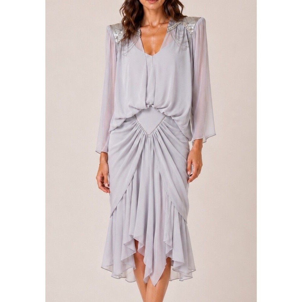 Vtg Casadei DropWaist Dress Women Sz 6 Beaded Shoulders 80s Does 20s Blue/Gray